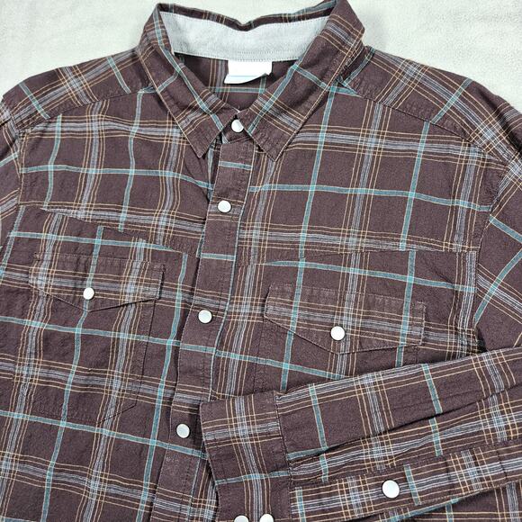 Columbia Shirt Mens Medium Pearl Snap Plaid Western Long Sleeve Brown Outdoor - Picture 1 of 11